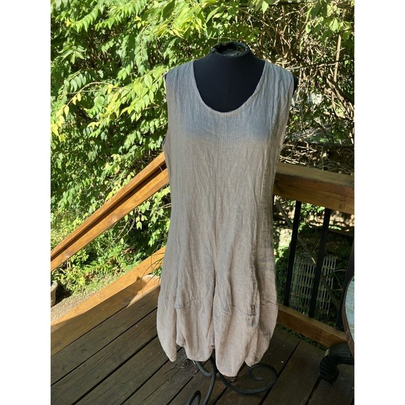 Lin Blanc long 100% linen dress khaki sleeveless unique  LAGENLOOK Italy 38 M - Picture 1 of 6
